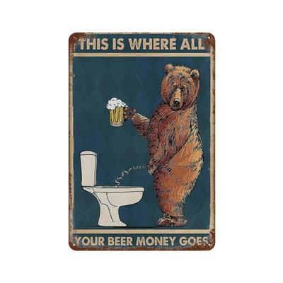 Retro Lustige Wandkunst Metallschilder Dekor Poster Drucke Bär trinkt Bier auf der Toilette Bild für Zimmer Toilette