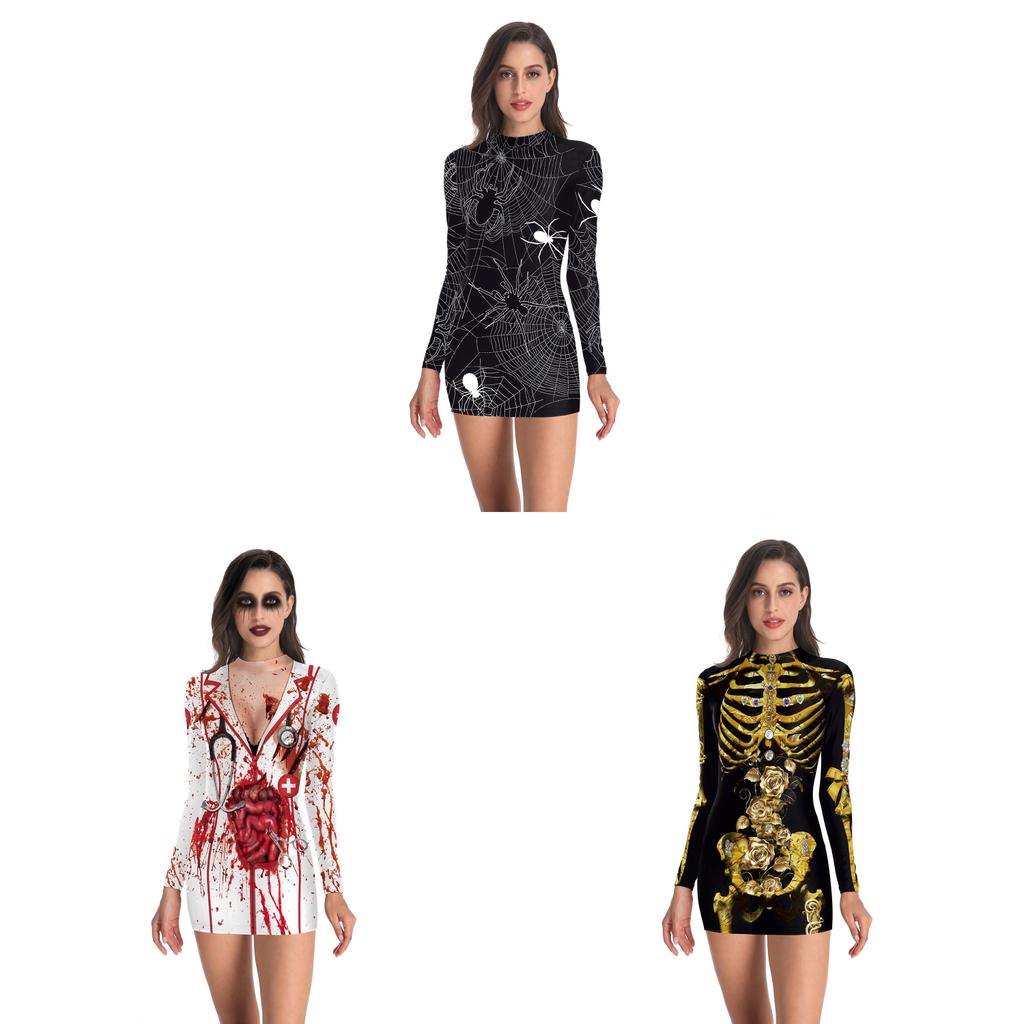Halloween Nurse Costume Dress With Printed Pattern For Cosplay Parties