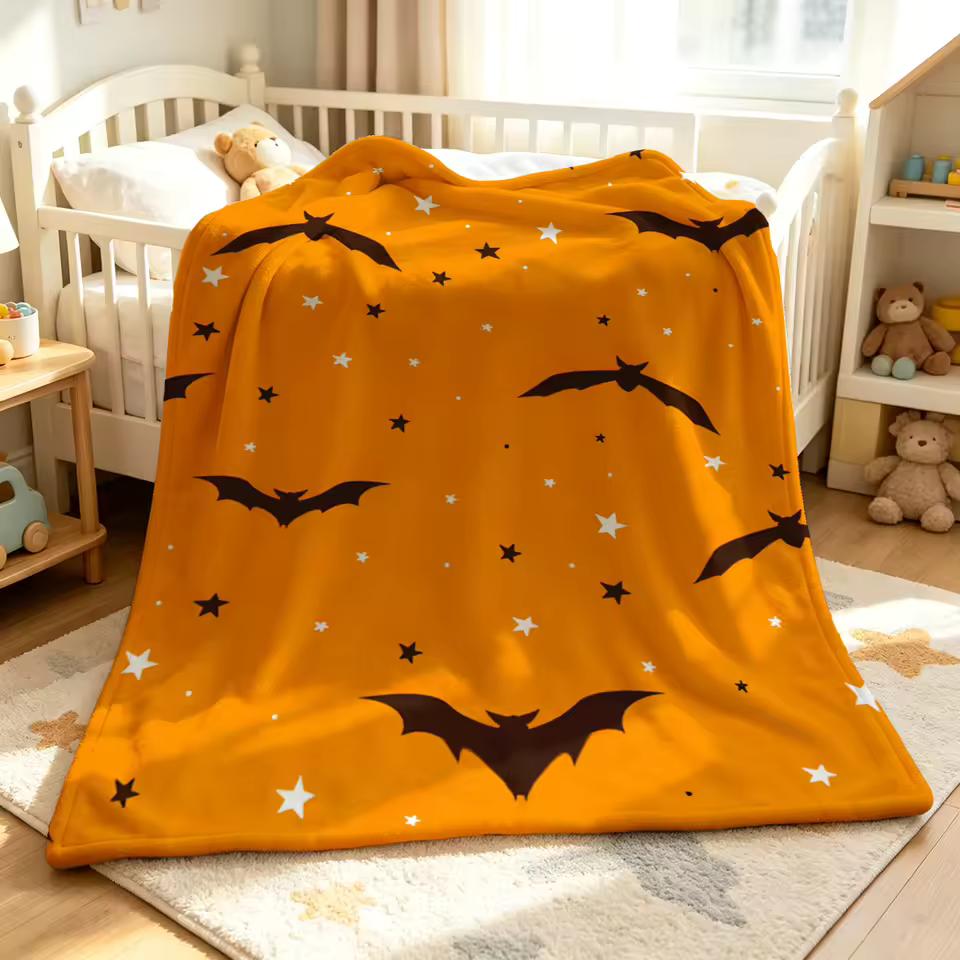 Orange Bat White Stars Soft Fluffy Flannel Blanket Super Cozy Lightweight Bed Blanket for Halloween Sofa Bed Christmas Decor