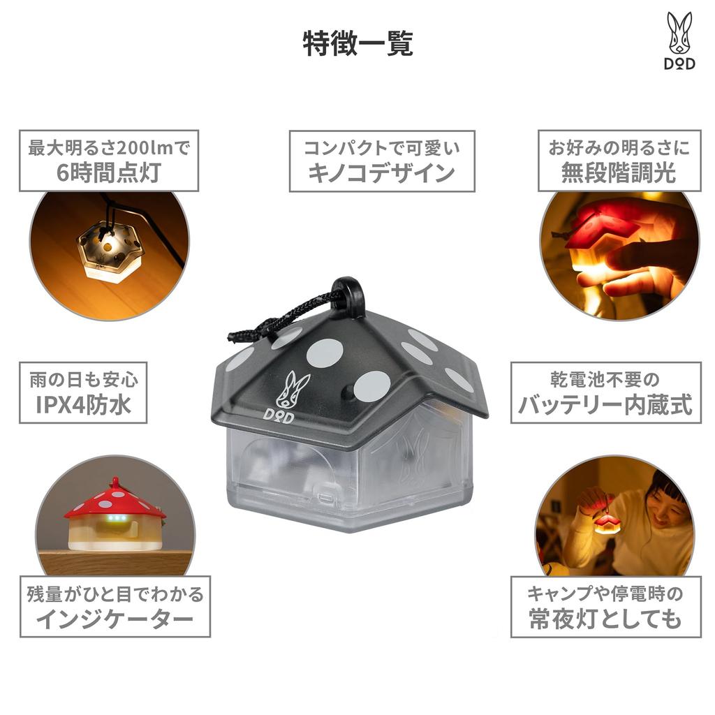 DOD Mini Mushroom Light, LED Lantern, USB Rechargeable, Compact and Lightweight, 200 Lumens, 6-60 Hours of Use, L1-987-CL