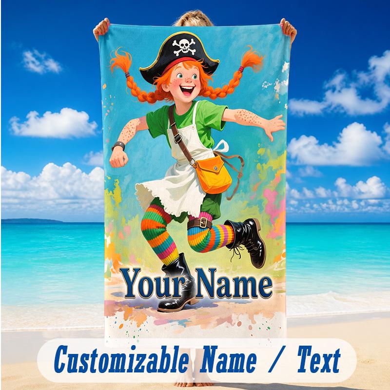 Beach Towel Custom Name Text, Quick Dry Large Towel For Beach HomePippi Longstocking