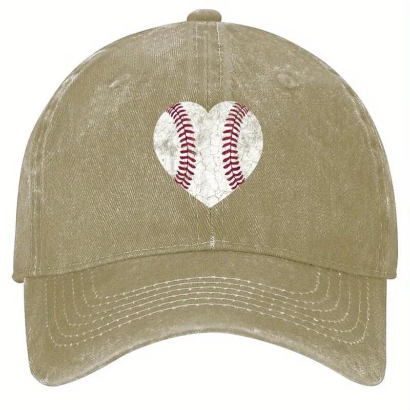 Baseball Heart Distressed Baseball Cap Washed Outdoor Adjustable Unisex Hat One Size