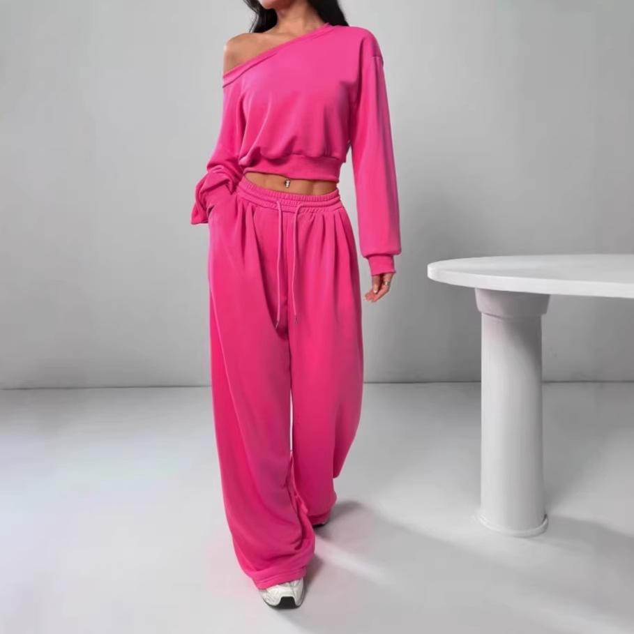 Spot European beautiful women long-sleeved top trousers set new navel casual fashion set
