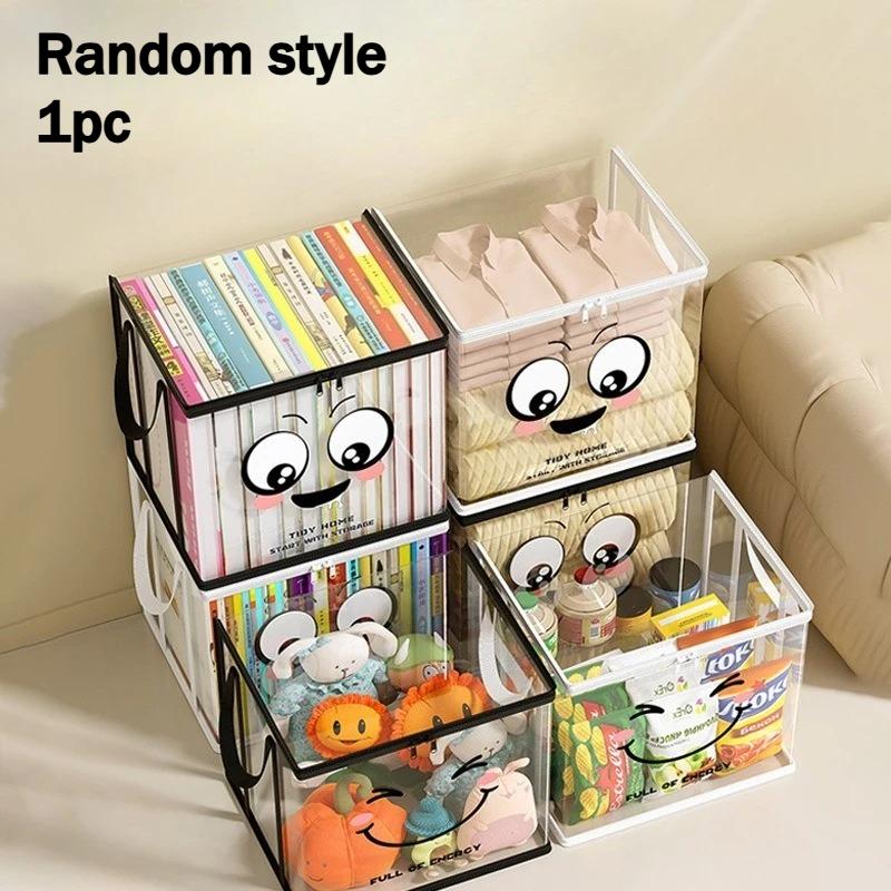 Large Square Storage Box with joyful Face Lid,Black Frame-Heavy-Duty PVC Transparent Organizer Bin,Multi-Purpose Container