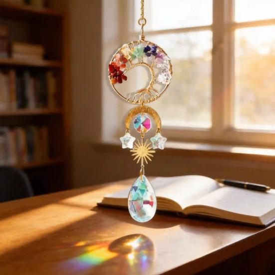 Tree of Life Faux Crystal Suncatcher, Colorful Prism Drop Pendant, Window Hanging Rainbow Maker Ornament for Indoor Outdoor Decor