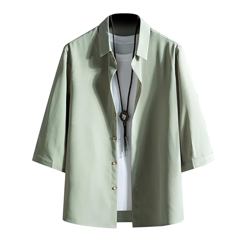 

[FUZHIHUA] shirt men s 3/4 sleeve Plain color soft comfortable light simple casual spring summer autumn cool shirt Sweat absorbent and quick drying