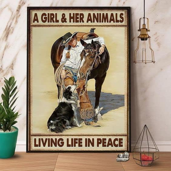 

Novelty Metal Tin Sign Cowgirl Horse And Dog Girl Her Animals Living Life In Peace Home Decor Wall Decoraluminum 20x30cm（7.8x11.8inch）