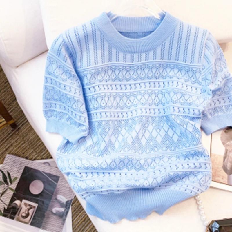 Summer Thin Hollow Out Crew Neck Pullover Sweater Versatile Short Sleeve Knitted Top for Spring & Women's Clothing