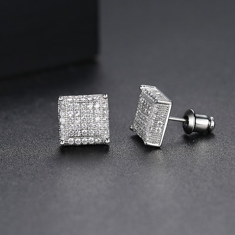 Rock Hip Hop Iced Out Ohrstecker für Damen Herren Männlich Eisbesetzt Zirkon Silberfarbe Piercing Ohrschmuck Trendschmuck
