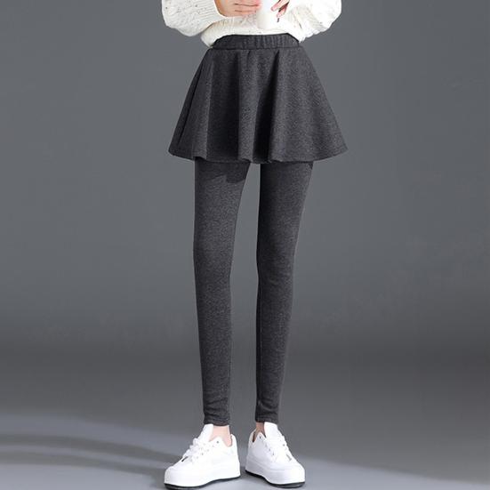 Women Winter Culottes Pants Solid Color High Waist Pleated Skirt Pants Fake Two Piece Leggings-Skirt Combo