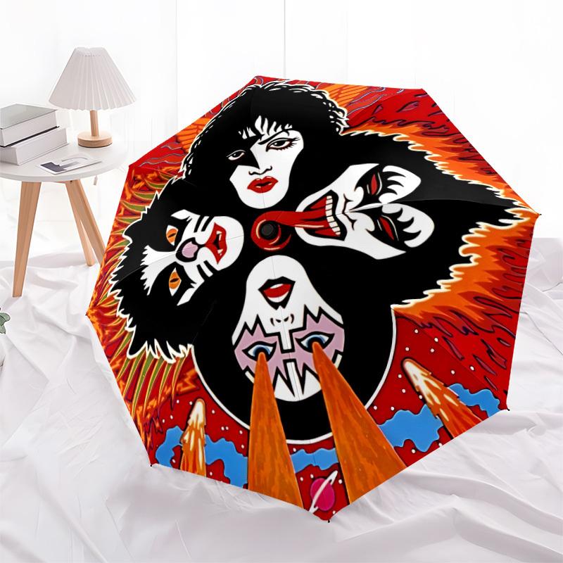 Ombrello Pieghevole Automatico con Stampa KISS Faces e Robusto Telaio in Ferro, Ombrello da Viaggio Compatto Portatile per Tutte le Stagioni Feste003