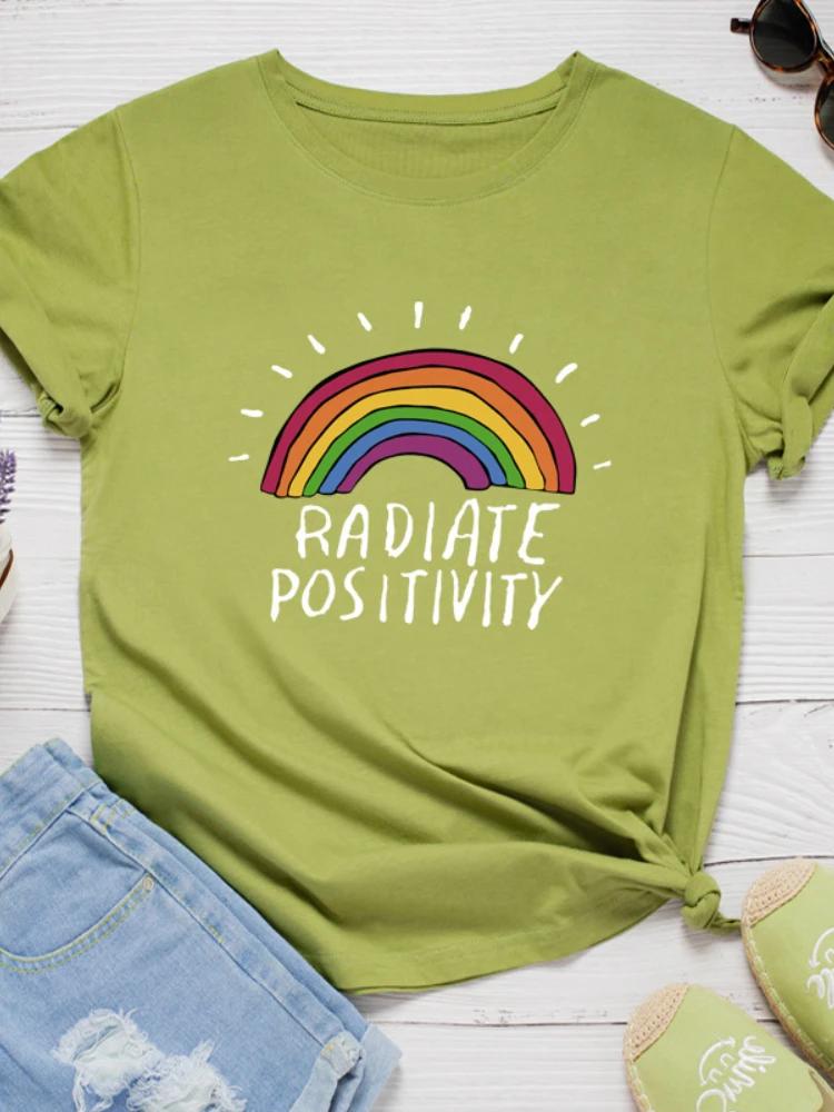 Radiate Positivity Rainbow Print Women T Shirt Short Sleeve O Neck Loose Women Tshirt Ladies Tee Shirt Tops Camisetas Mujer