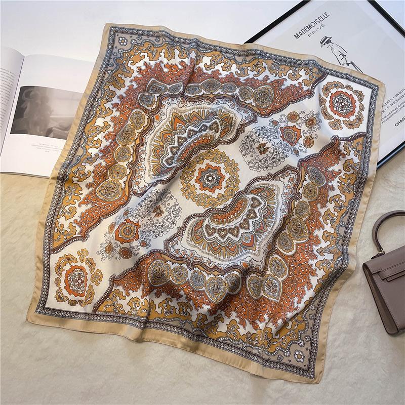 Foreign Style Small Square Scarf Silk Scarf Female Imitation Silk Scarf Printed Retro Shawl Sunscreen Scarf Headscarf Tied Headband 70*70cm