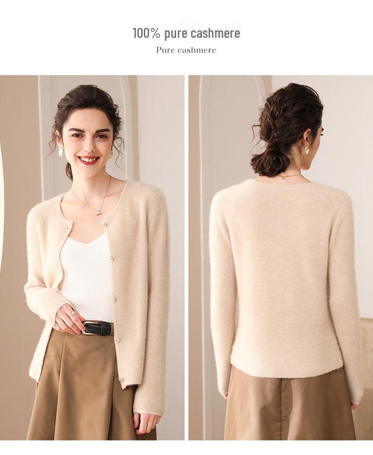 Women's 100% Pure Cashmere Cardigan - Round Neck, Long Sleeve, Button-Up Knit Sweater for Spring and Autumn