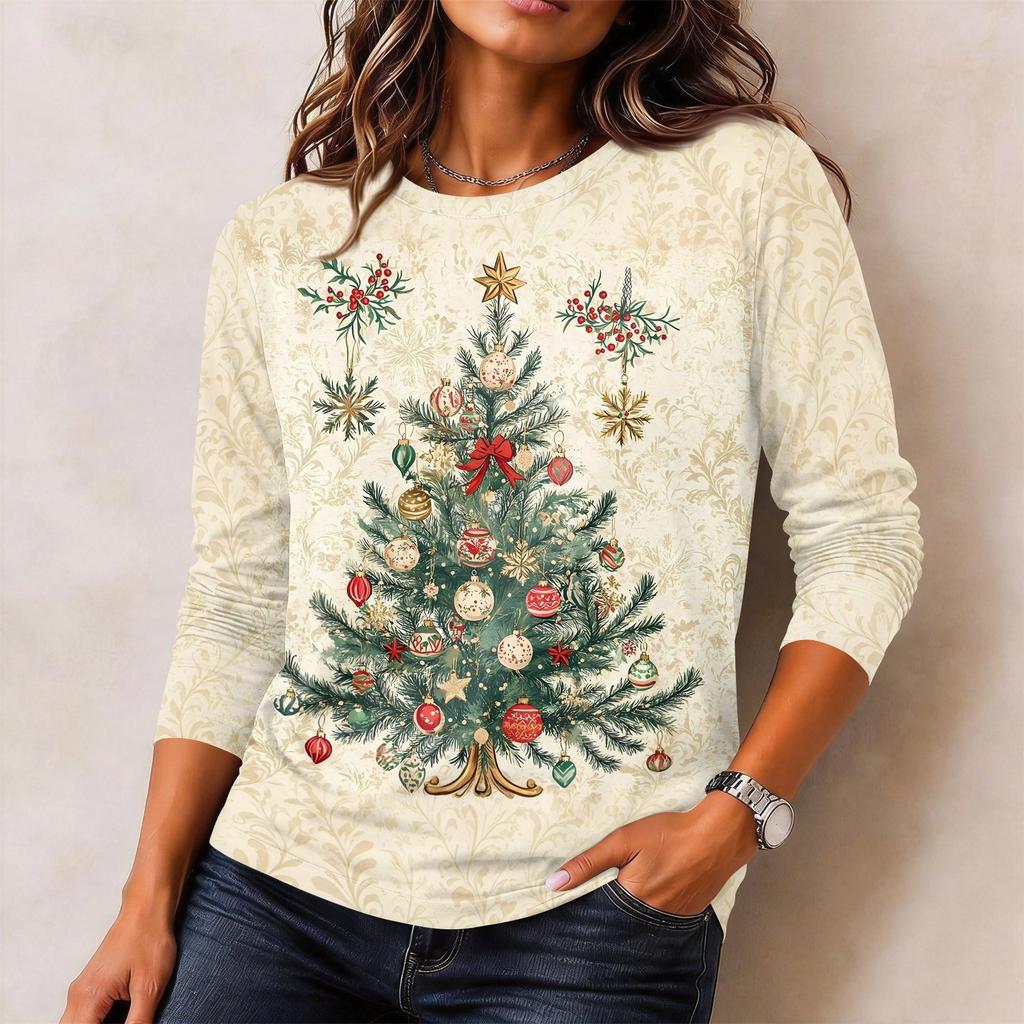 Women's Christmas Print Neck Long Sleeve Pullover Top