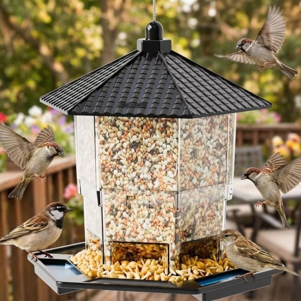 Tower Shape Hanging Bird Feeder Transparent Bird Food Container Bird Perch Tray Balcony