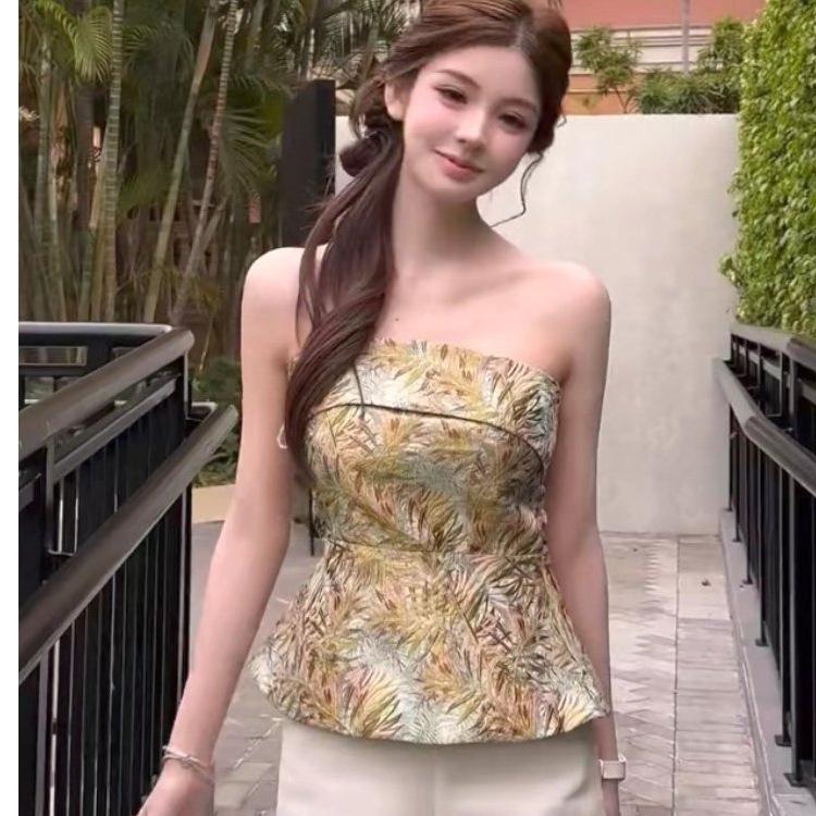 Sleeveless Top Spice Girl Beautiful Back Sweet Small National Style Printed Tube Top Women's Summer Wear One-word Shoulder New Chinese Suspender