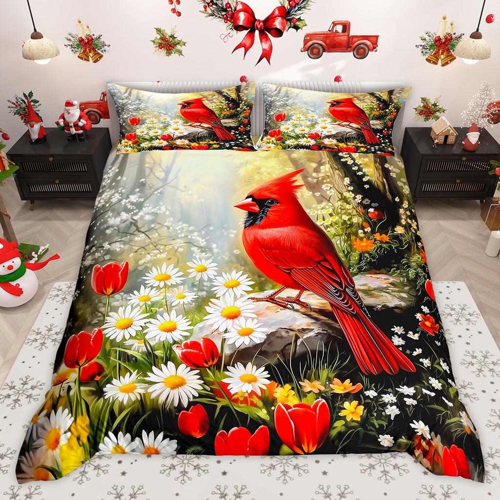 Homewish Wild Cardinal Bird Duvet Cover Set Merry Christmas Xmas Bed Set Snow Cherry Blossoms Quilt Cover Set