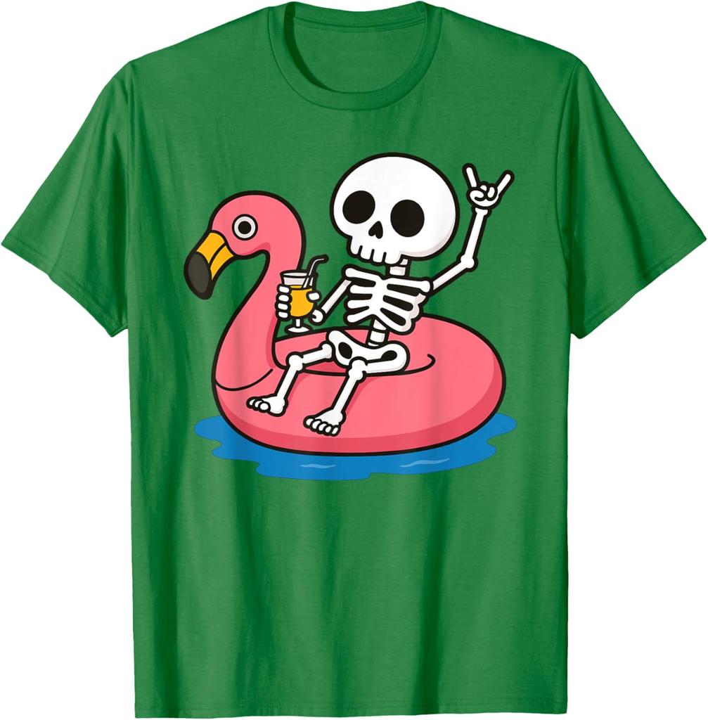Skelett schwimmt auf Flamingo aufblasbarem Ring Sommerurlaub Grafik T-Shirt Lässiges Kurzarm Rundhals T-Shirt