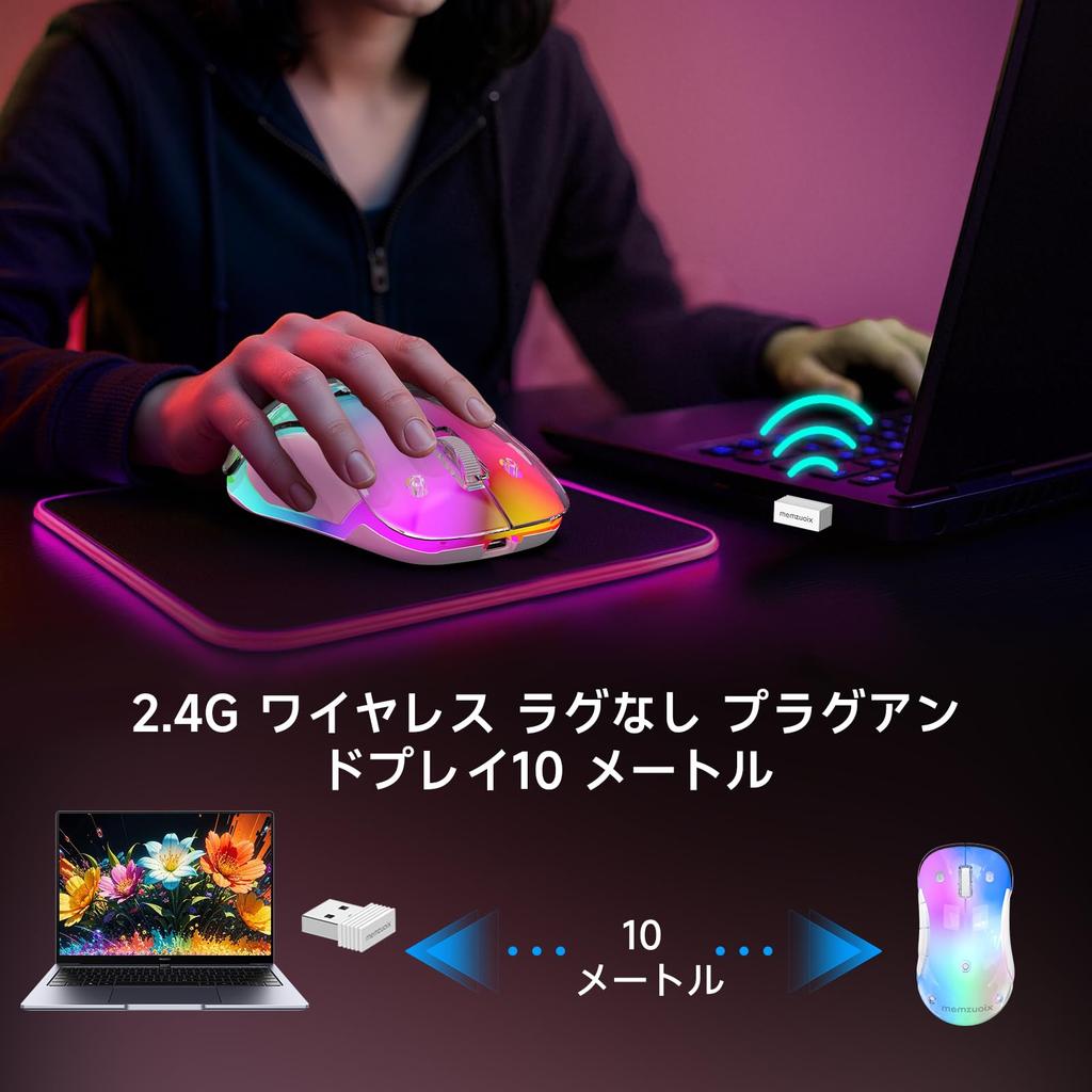 Memzuoix LED Wireless Rechargeable Ergonomic Mouse with Detachable 1200 DPI Portable Optical Computer Mouse with USB Receiver for and 5 Buttons Pink