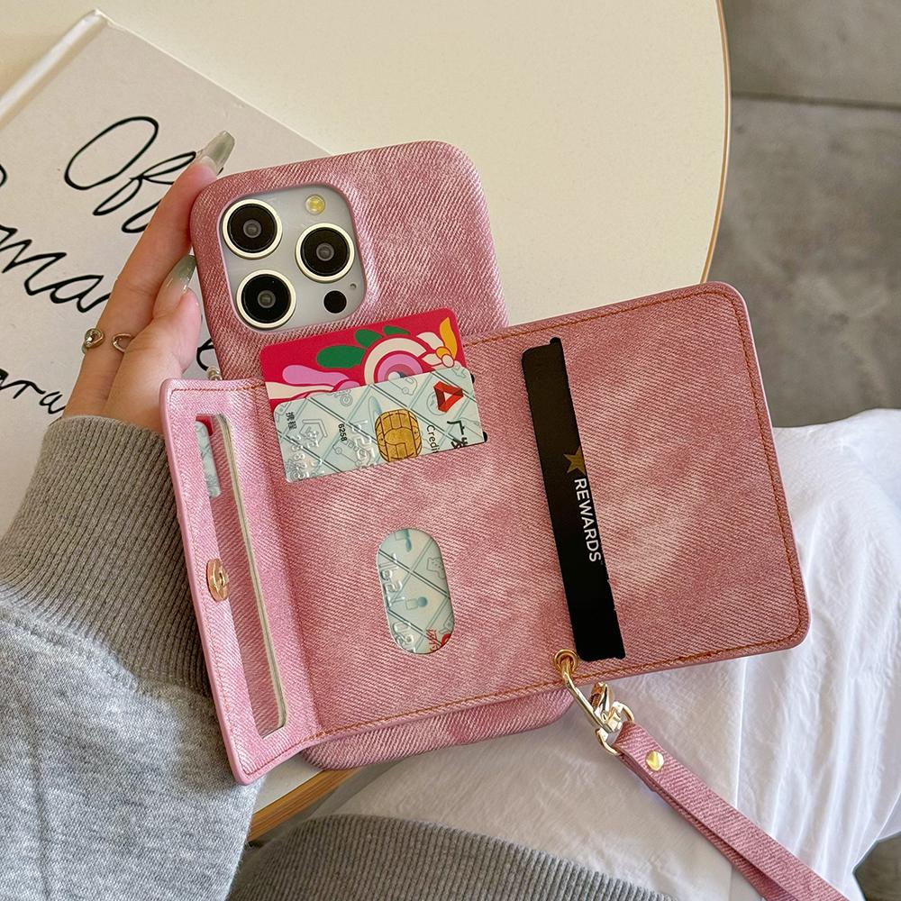 For iPhone 15 Pro Max Case Card Slots Mirror Design Jeans Cloth Texture PU Leather Back Cover with Strap