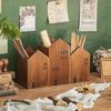 2PCS/Set House-Shape Makeup Brush Organizer Wood Desktop Ornament  Back To School Gift