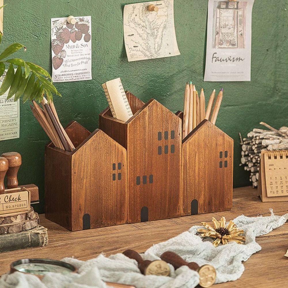 2PCS/Set House-Shape Makeup Brush Organizer Wood Desktop Ornament Back To School Gift