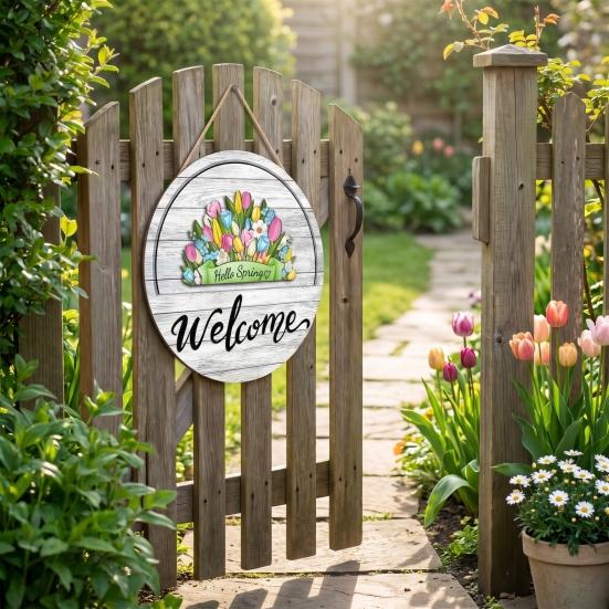 Decorative Wooden Door Sign Interchangeable Seasonal Welcome for Front Door, 12 Inch Round Wood Hanging Housewarming Gift For New Home with