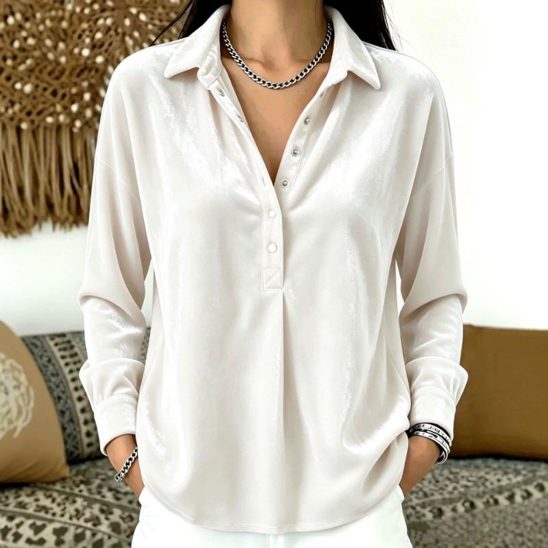 Women S Casual Velvet Solid Lapel Half Button Shirt