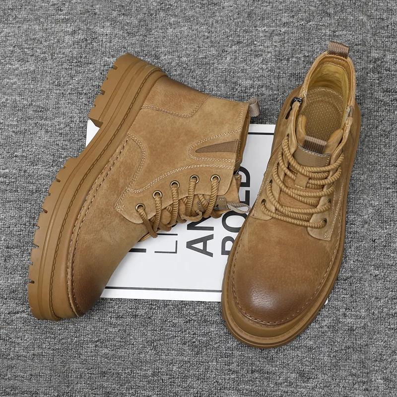 New Men Shoes Genuine Leather Boots Outdoor Casual Hiking Shoes Winter Thick-soled Short Boots