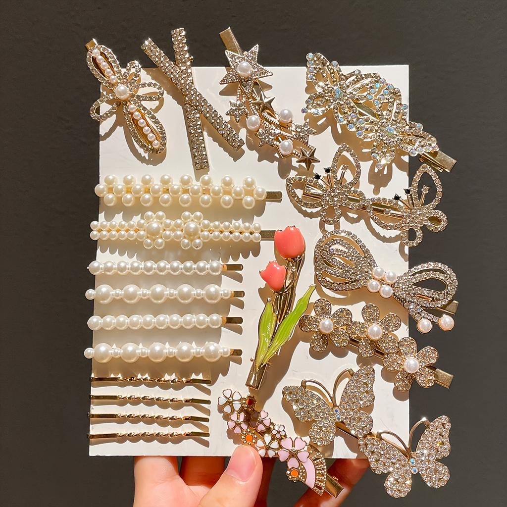 20pcs Women's Temperament Butterfly Rhinestone Bead Hair Clip Set Back of Head Side Broken Hair Clip