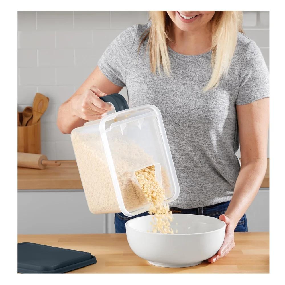 2 Pack Medium Food Storage Canister with Handle and Pour Spout BPA Free Clear Plastic Stackable Ideal Cereal Rice Beans Pasta