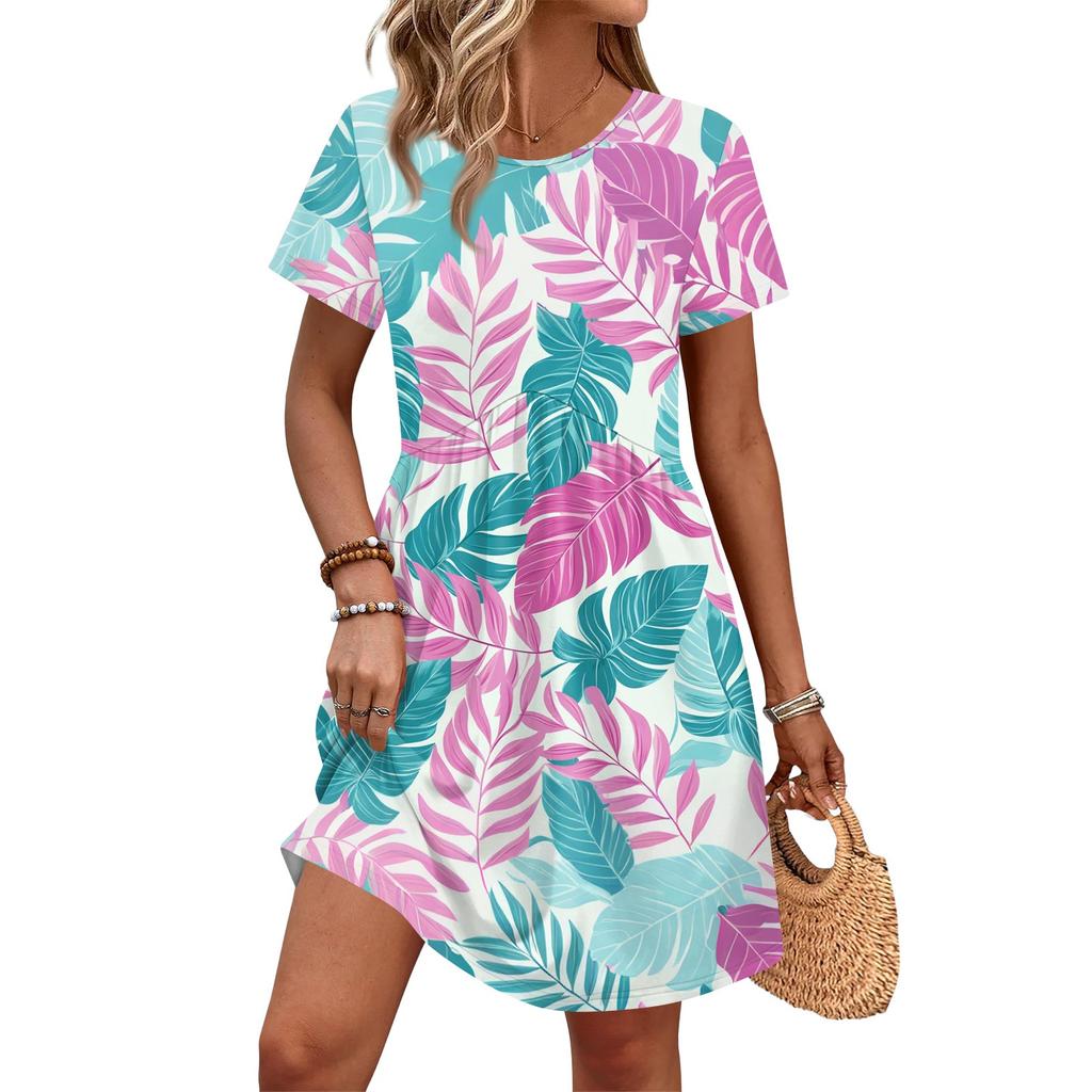 Dresses For Women Short Sleeve Print Round Neck Casual Dresses Waist Dress With Pockets