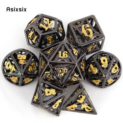 7 Pcs Black Golden Tower Metal Dice Hollow Metal Polyhedral Dice Set Suitable for Role-Playing RPG  Board Game Card Game