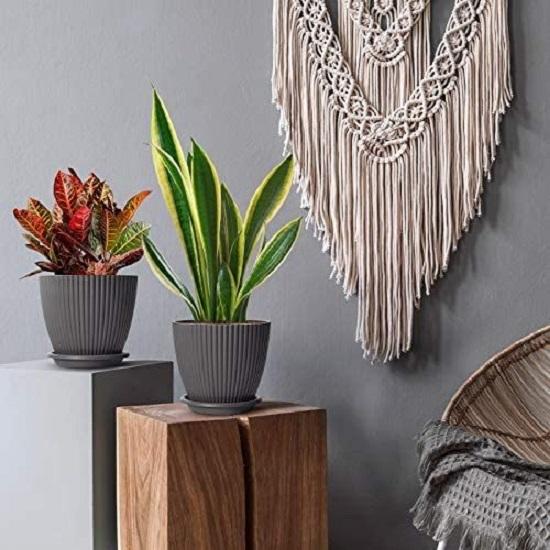 Plastic Round Flower Pots with Tray for Home Planters, Terrace, Garden Etc | Pack of 05 | Dark Grey | Size 6.5 Inch | for Home Indoor & Outdoor