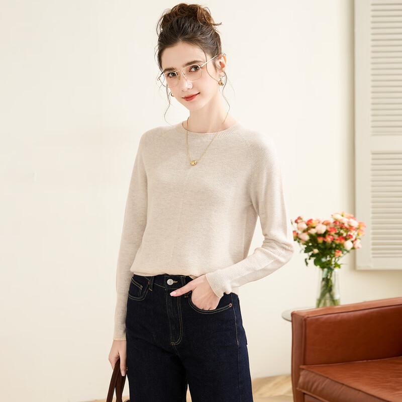 TUHUANG Women's Seamless Pure Wool Round Neck Sweater