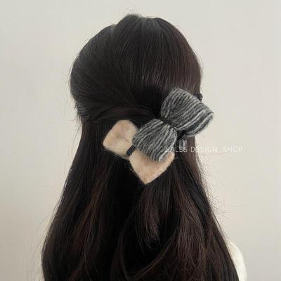 Herbst/Winter Woll-Doppel-Schleifen-Bananenklemme für Damen - Vielseitiges Haaraccessoire für hohen Pferdeschwanz
