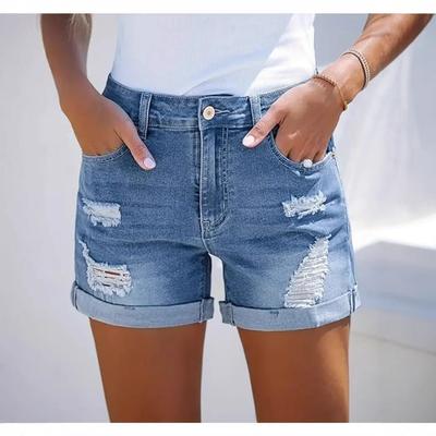 Damen High Waist Ripped Denim Shorts Distressed Aufgeschlagener Saum Sommer Lässige Jeansshorts