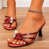 Fashion Flower Decor High Heels Sandals for Women Large Pearl Shiny Crystal Party Slippers Plus Size Pu Leather Thin Heeled Flip Flops