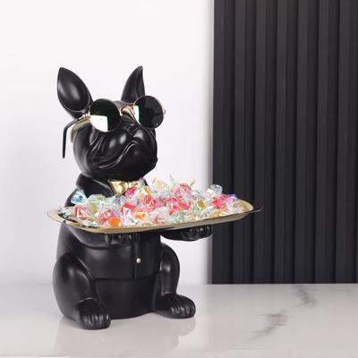 Modern Decor Resin Bulldog Statue Rectangular Tray - Storage Key Holder, Candy, Jewelry, Earrings Organizer - Suitable for Home, Dining Table, Office