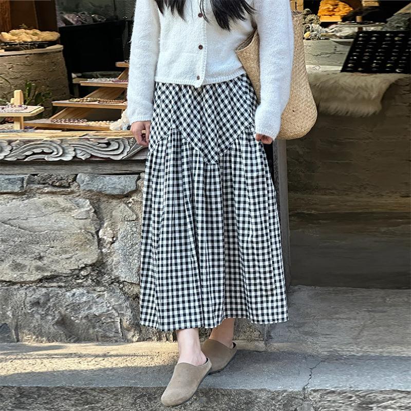 Dopamine Blue Checked Skirt for Women In Spring and Summer New Mid-length Large Sway A-line Slim Umbrella Skirt