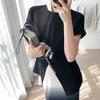 2022 summer Solid simple Elegant Ladies Tops Fashion Harajuku Dovetail Split Design Short Sleeve Tshirts Women O-neck Folds Slim
