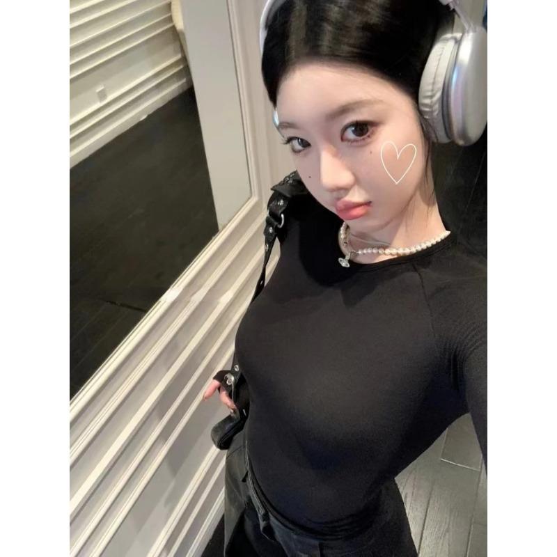 Schwarzes T-Shirt mit Retro-Engel-Print für Damen 2024 Frühlingsmode Slim Fit T-Shirt Y2k E-Girl Langarm Bottoming Tops Mujer Neu