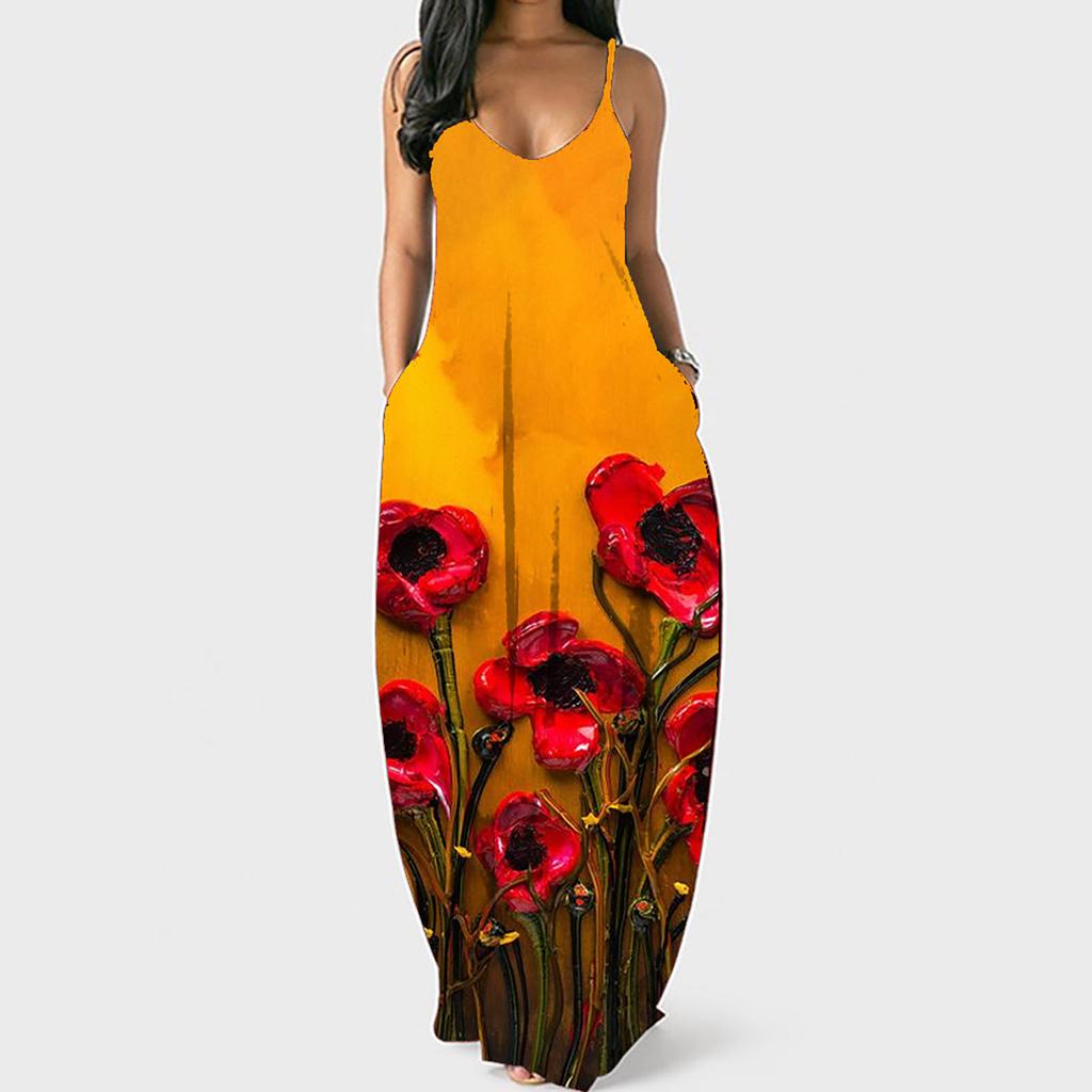 Women Summer  Sunflower Print Sleeveless Plus Size Pullover Long Dresses