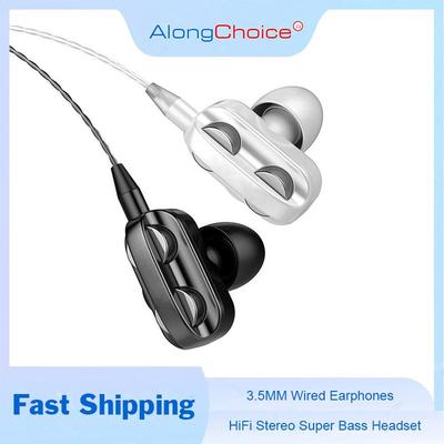3.5MM Wired Earphones Four Core Dual Dynamic Coil HiFi Super Bass In-Ear Headset With HD Microphone Noise Cancel Headphone
