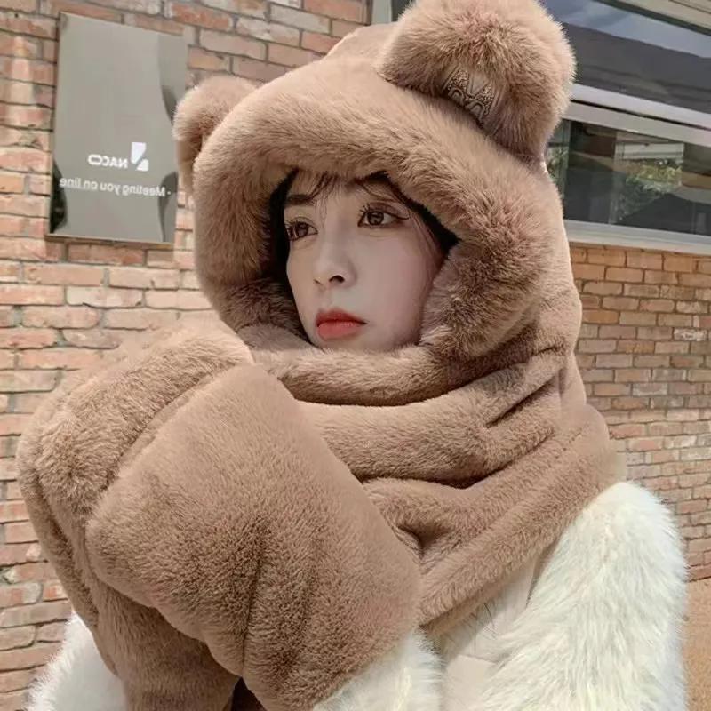 WTEMPO Solid Color Furry Plush Cute Ear Decor Gloves Scarf Hats Cold-proof Windproof Warm Autumn Winter Casual Verstaile Hats