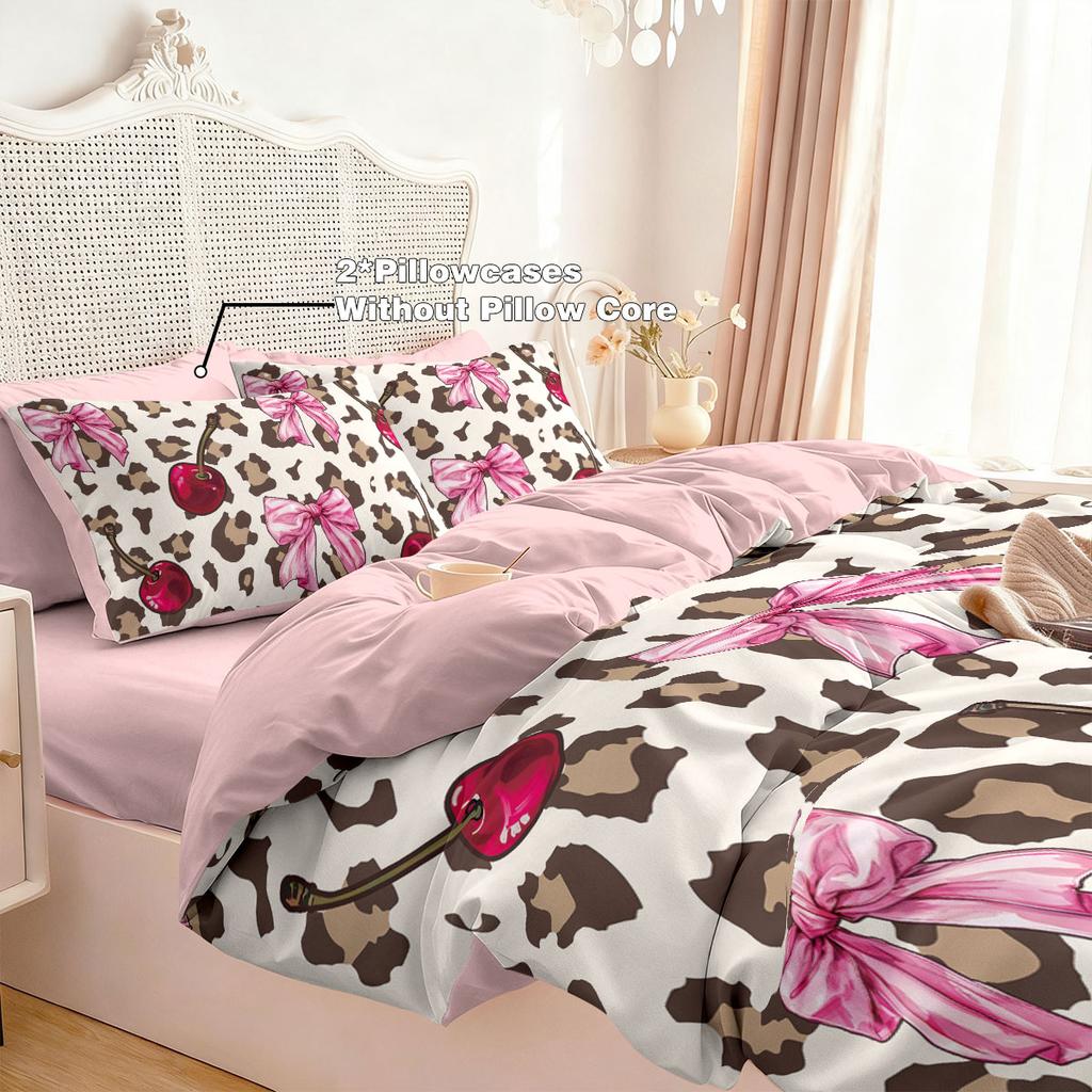 3Pcs Leopard Print Cherry Bow Printed Coreless Duvet Cover Set Multi Size Bedroom Bedding Decoration Machine Washable