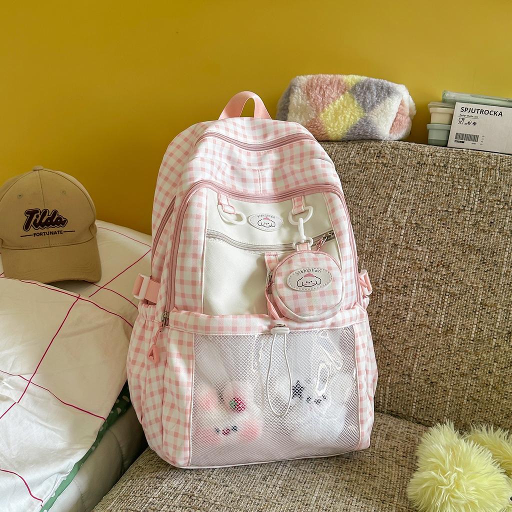 Schoolbag Korean Soft Pink Plaid Hit White Schoolbag Student Party Sweet Feeling Campus Class Shop Clock In Versatile Backpack