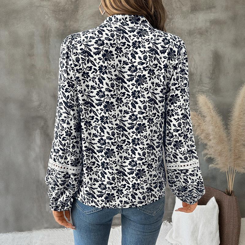 YYFS Women's Fashion Casual Spring Autumn Flower Pattern Print Long Sleeve V-Neck Blouses & Shirts