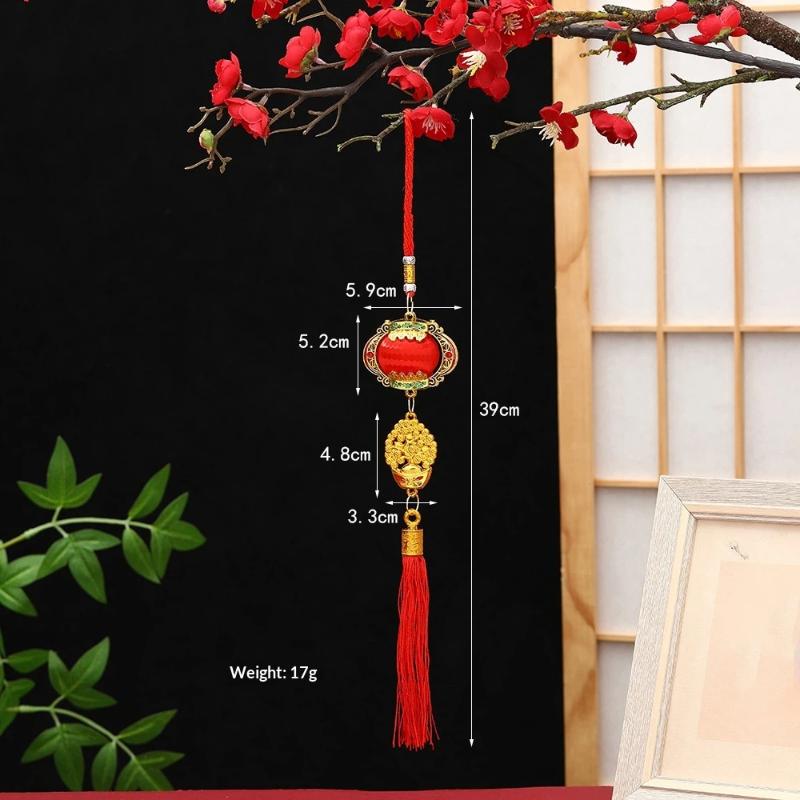 Lunar New Year Lucky Hanging Ornament with Red Tassel Golden Charm Festive Portable Decor for Travel Hotel Room Spring Festival